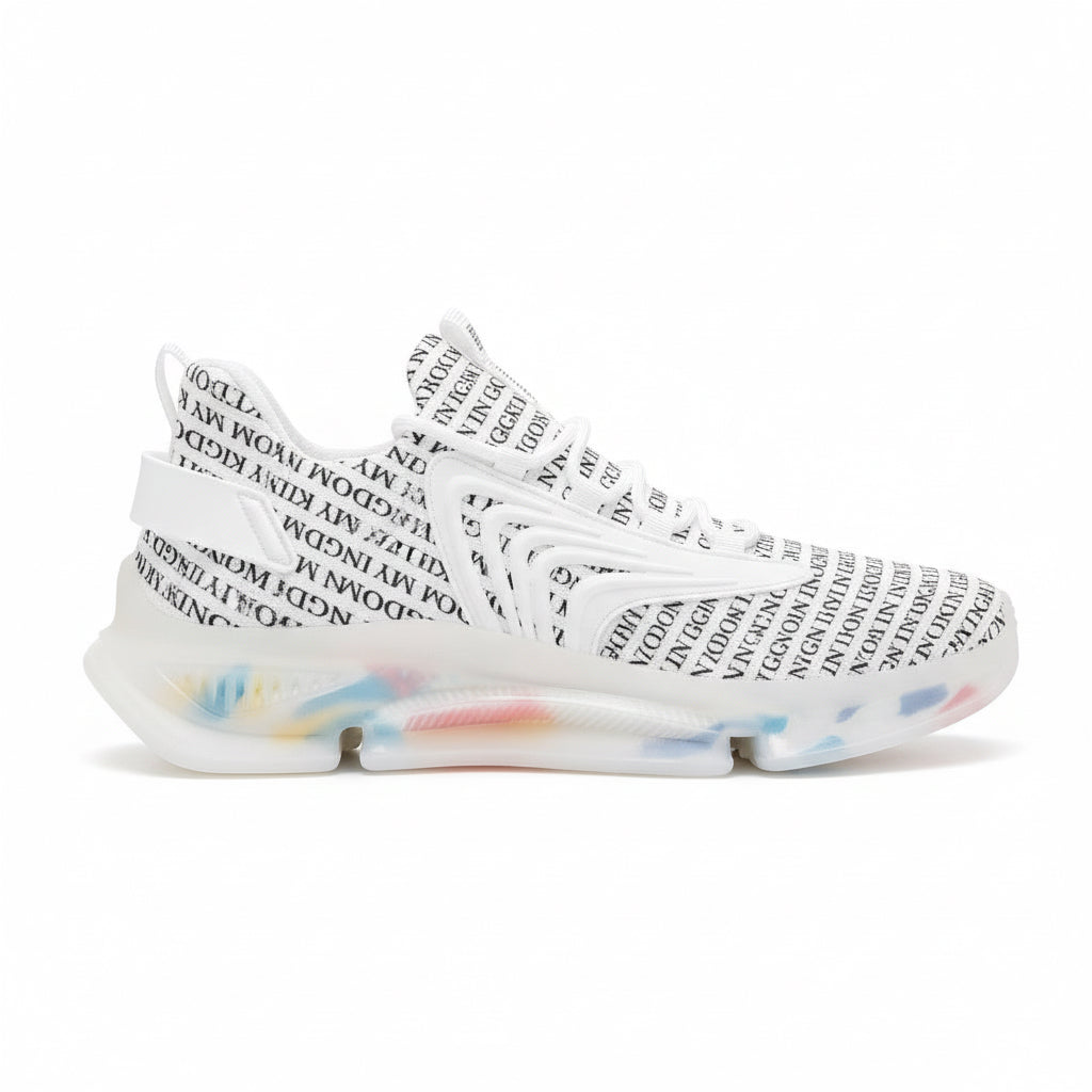 “In My Kingdom unisex performance runners featuring an all-over ‘IN MY KINGDOM’ monogram, sculpted futuristic midsole with coloured cushioning pods, wing-shaped side panels, and breathable mesh upper. Shown in both a white translucent sole version and a black translucent sole version.”