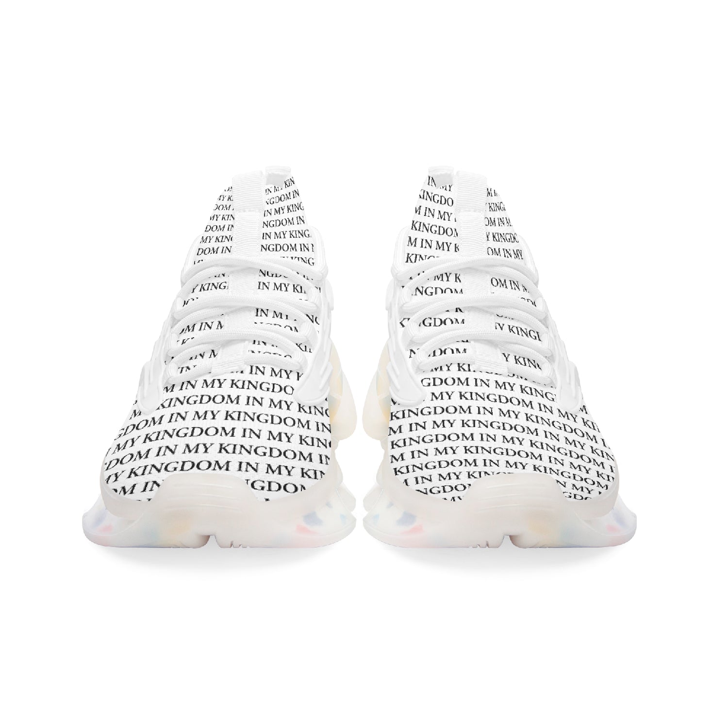 “In My Kingdom unisex performance runners featuring an all-over ‘IN MY KINGDOM’ monogram, sculpted futuristic midsole with coloured cushioning pods, wing-shaped side panels, and breathable mesh upper. Shown in both a white translucent sole version and a black translucent sole version.”