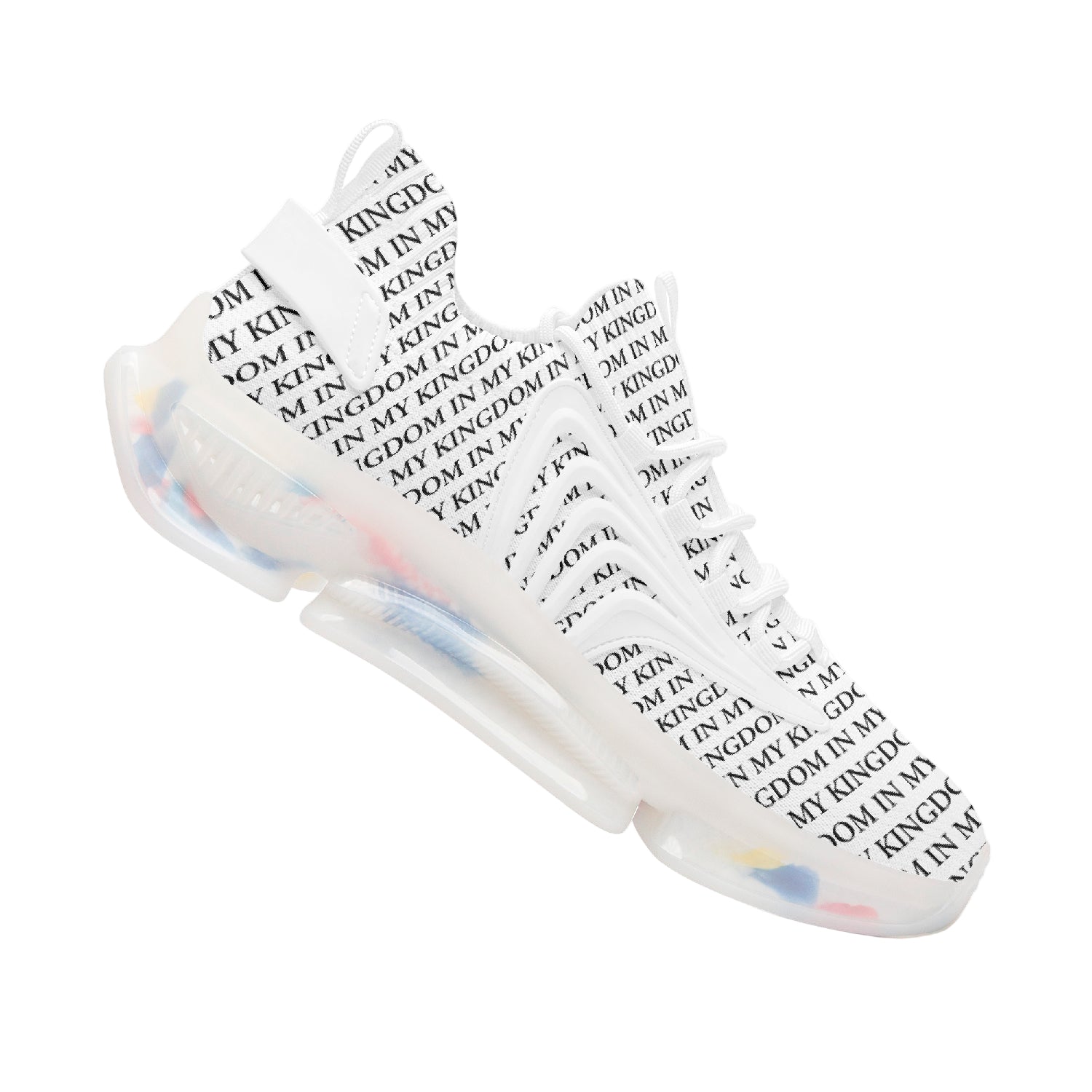 “In My Kingdom unisex performance runners featuring an all-over ‘IN MY KINGDOM’ monogram, sculpted futuristic midsole with coloured cushioning pods, wing-shaped side panels, and breathable mesh upper. Shown in both a white translucent sole version and a black translucent sole version.”