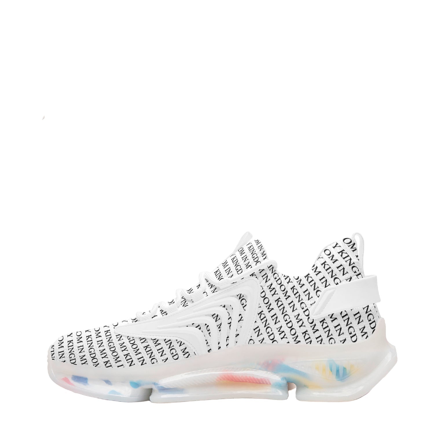 “In My Kingdom unisex performance runners featuring an all-over ‘IN MY KINGDOM’ monogram, sculpted futuristic midsole with coloured cushioning pods, wing-shaped side panels, and breathable mesh upper. Shown in both a white translucent sole version and a black translucent sole version.”