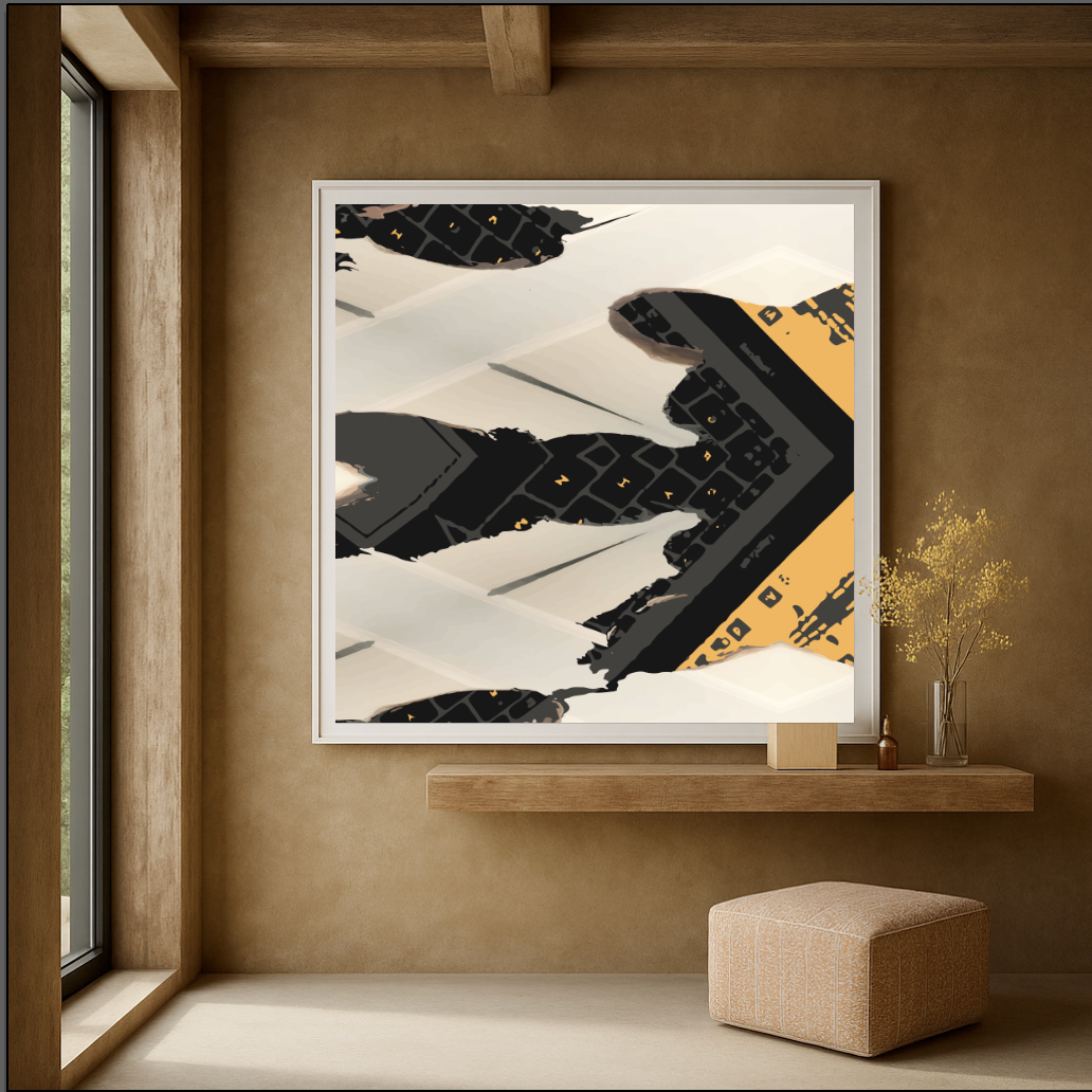 Abstract art piece in a modern interior setting with a wooden shelf and decorative items. Modern living room with abstract art, beige sofa, and wooden coffee table. “Abstract artwork featuring fragmented black and ochre keyboard pieces arranged in angular geometric symmetry on a soft beige architectural background, part of the Keyboard Archaeologies series.