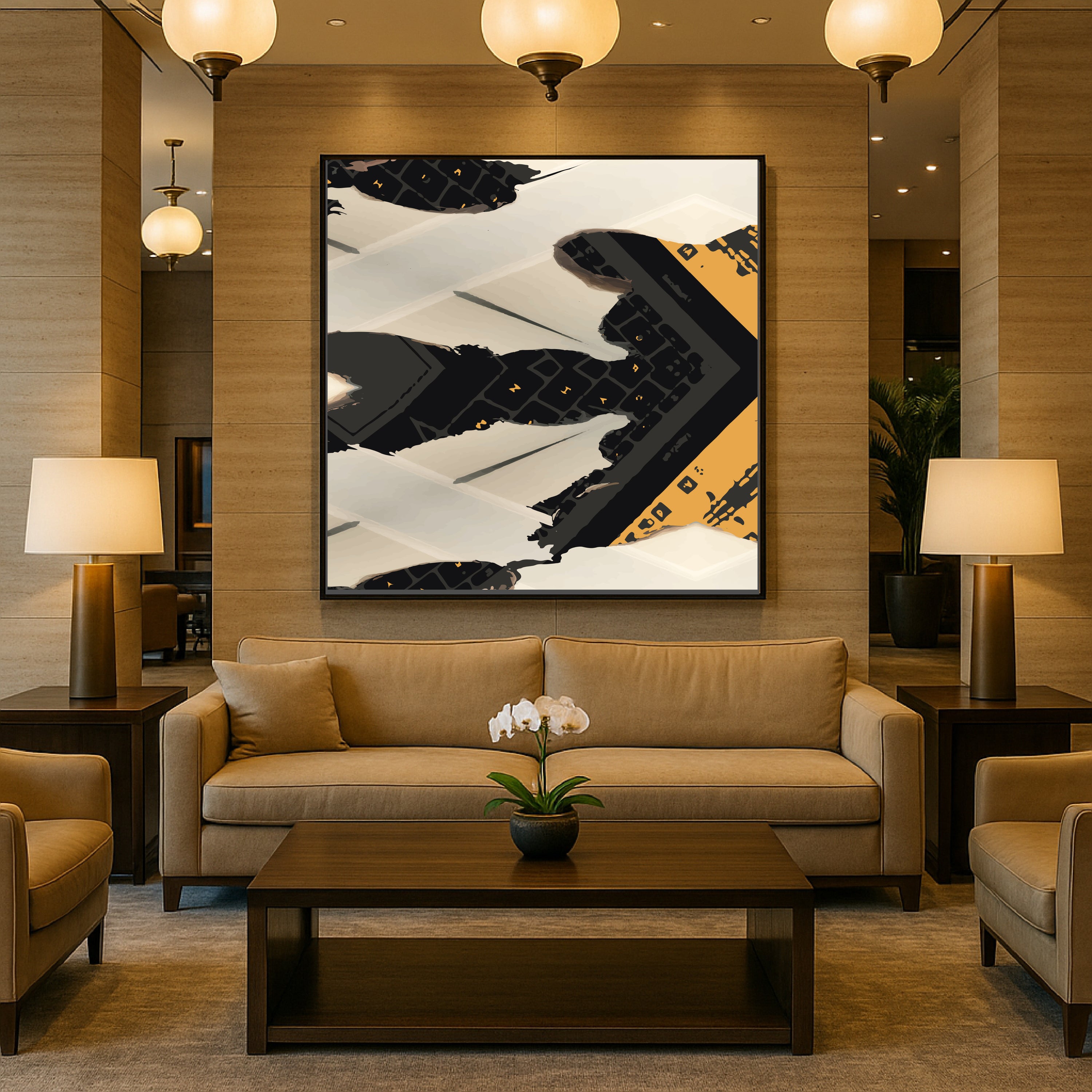 Modern living room with abstract art, beige sofa, and wooden coffee table. “Abstract artwork featuring fragmented black and ochre keyboard pieces arranged in angular geometric symmetry on a soft beige architectural background, part of the Keyboard Archaeologies series.”
