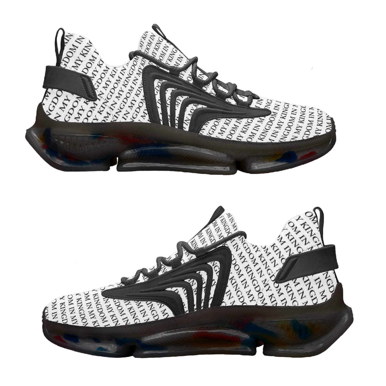 “In My Kingdom unisex performance runners featuring an all-over ‘IN MY KINGDOM’ monogram, sculpted futuristic midsole with coloured cushioning pods, wing-shaped side panels, and breathable mesh upper. Shown in both a white translucent sole version and a black translucent sole version.”